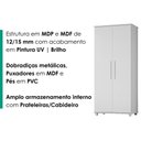 Ver imagem 3 de Guarda Roupa Solteiro Portugal 2 Portas de Bater MDF-MDP Branco Milani Movelaria