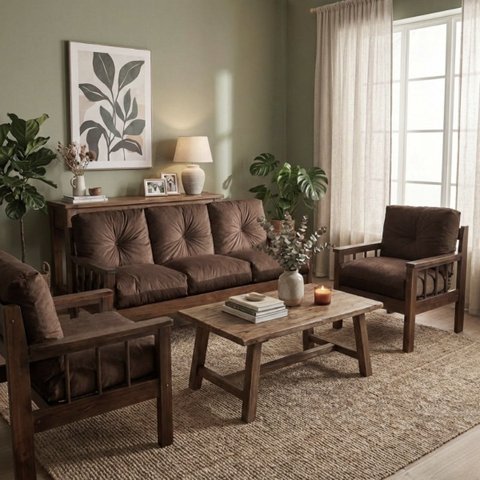 Sofá 3 Lugares + 2 Poltronas Madeira Maciça Veludo Sala