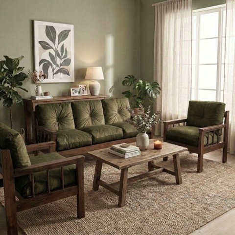 Sofá 3 Lugares + 2 Poltronas Madeira Maciça Veludo Sala