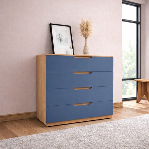 Cômoda para Quarto 4 Gavetas 90cm Madri Azul/Freijó