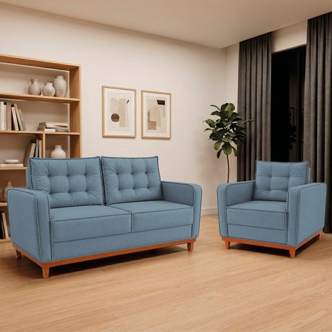 Kit Sofá 2 Lugares e 1 Poltrona Luxo Moderno Sala de Estar Linho Samuel