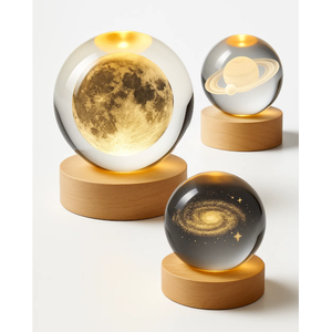 Luminária de Mesa Sistema Solar 3d Cristal Base de Madeira