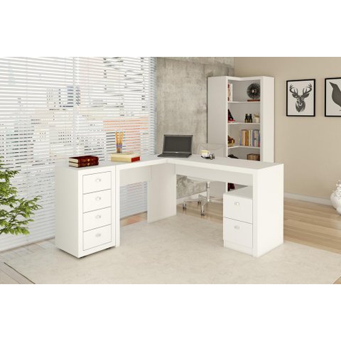 Escritório com Mesa para Computador e Armário Canto Branco - Fdecor