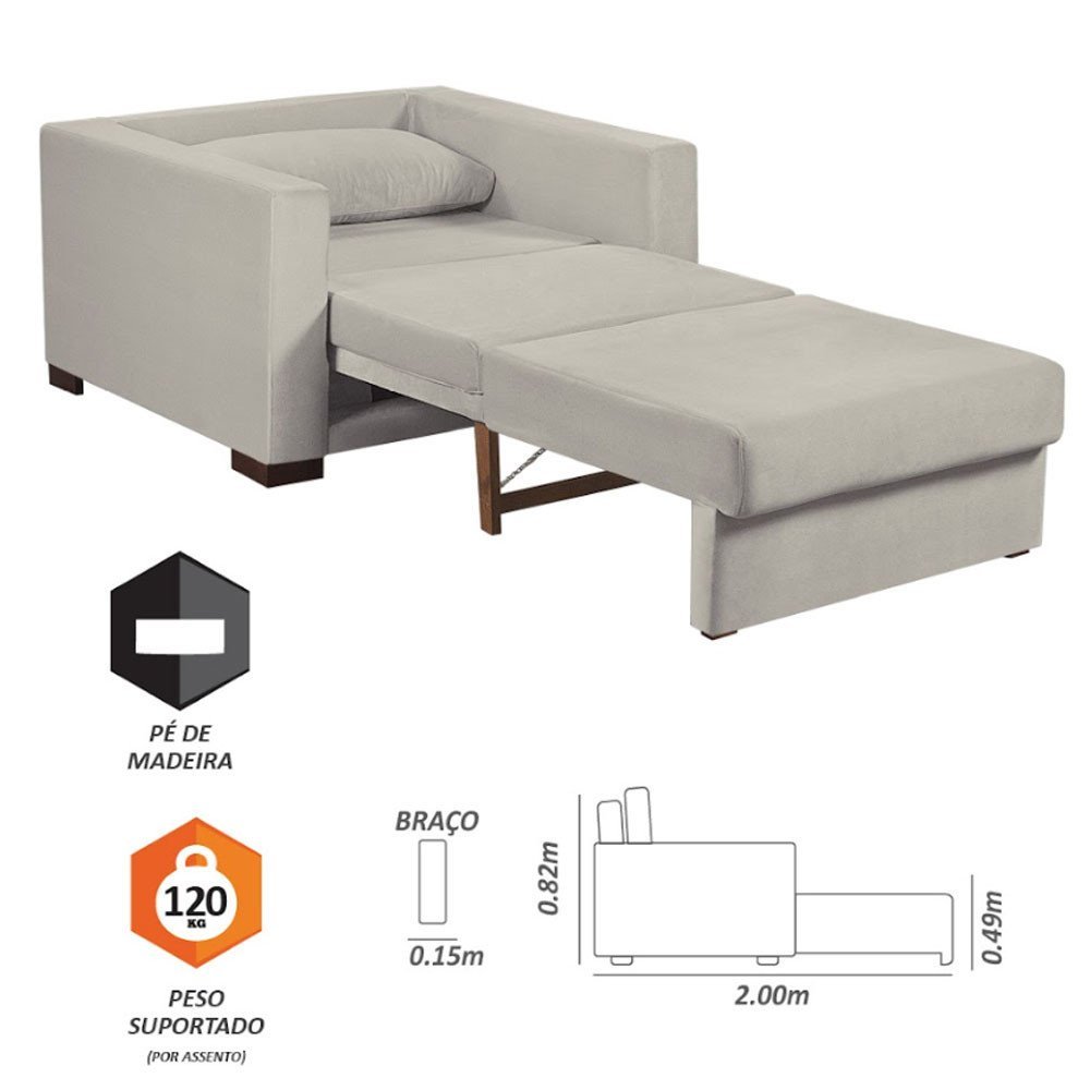 Sofa Cama Solteiro Sofia 1 Lugar 110cm com Pés de Madeira Talento Móveis - 4