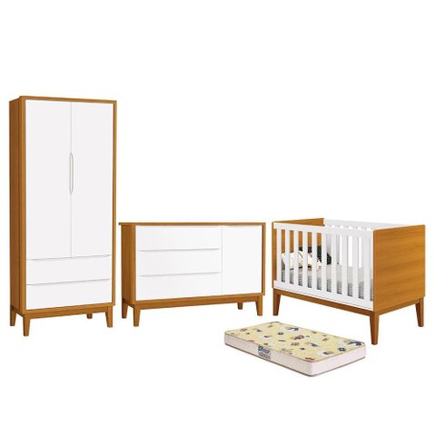 Dormitório Infantil Classic 2 Portas, Cômoda 1 Porta, Berço Branco/Savana com Pés Amadeirado e