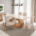 Ver imagem 1 de Conjunto Sala de Jantar 6 Lugares Retangular Tampo de Vidro e MDF Sarja Yescasa Bege/Mel/Off White