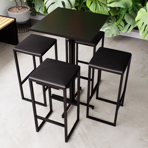 Conjunto Mesa Alta Bar Bistrô Quadrada Preta 4 Bancos Estofado Industrial Black Don Castro Decor Ind