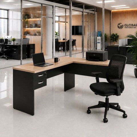 Mesa de Escritório em L 120x60cm com 2 Gavetas + Cadeira de Escritório Ergonômica Reclinável