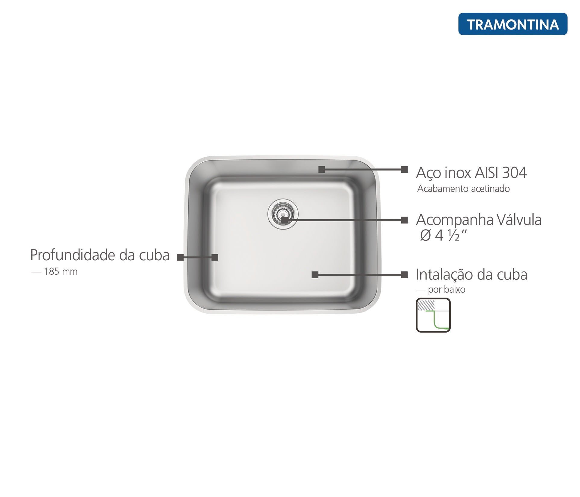 Cuba de Embutir Tramontina Dora 50 Bl R6 em Aço Inox Acetinado com Válvula 50x40 Cm Tramontina - 3