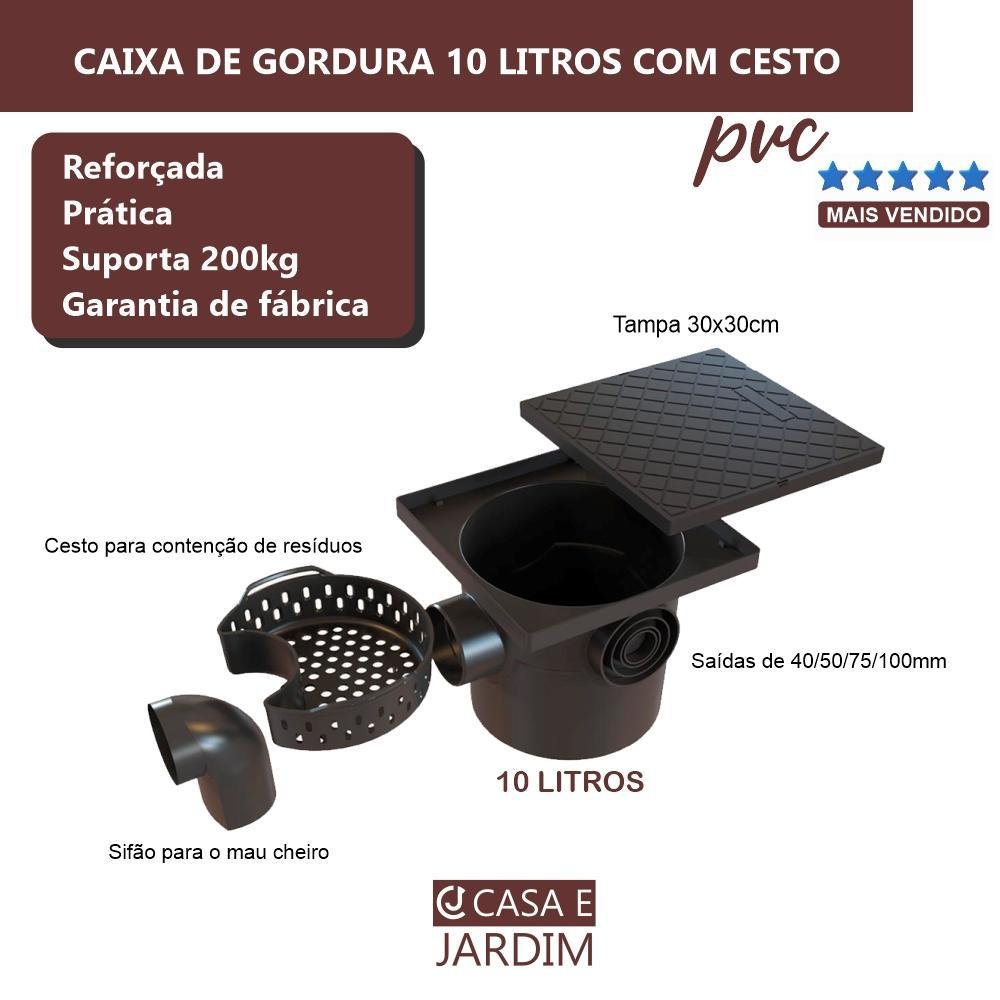 Caixa de Gordura Sifonada 10 Litros com Cesto Reforçada Pvc - 3