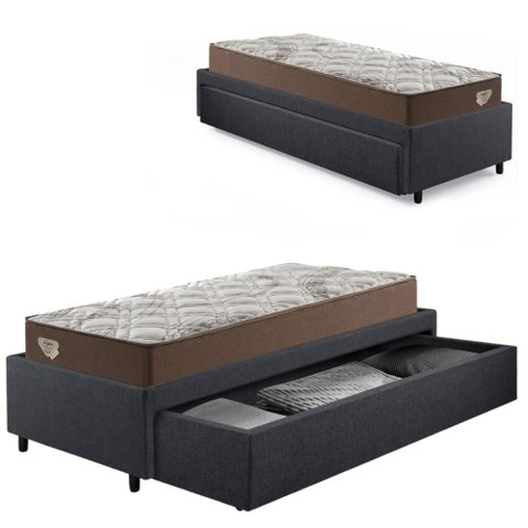 Base Box Cama Solteirão Sapateira Linho Cinza e Colchão Relax Adorabile Ecoflex 96x203
