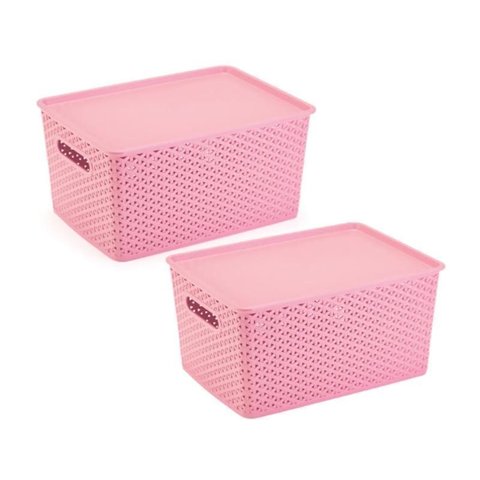 2 Caixas Organizadoras Rosa com Tampa Grande 15 Lts Rattan