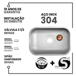 Cuba Cozinha Aço Inox American Steel Gold 304 56x34x17 - 2