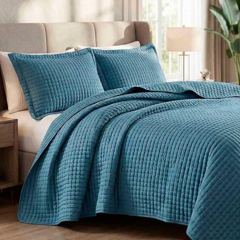 Kit Cobre Leito Colcha Claire King 3 Peças Micropercal 300 Fios Bordado - Azul - 100% Poliéster