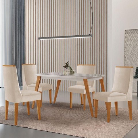 Mesa de Jantar Copper 120cm Tampo Mdf 4 Cadeiras Moderna Veludo Creme /off /naturale /serig Off