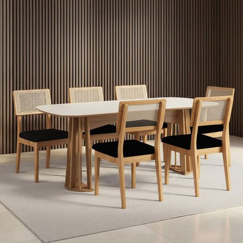 Mesa de Jantar Retangular 180cm com 6 Cadeiras 100% Mdf Cor:off White com Freijó e Courino Preto