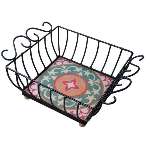 Fruteira de Mesa Ferro e Azulejo Quadrada Grande pra Cozinha Azulejo G2