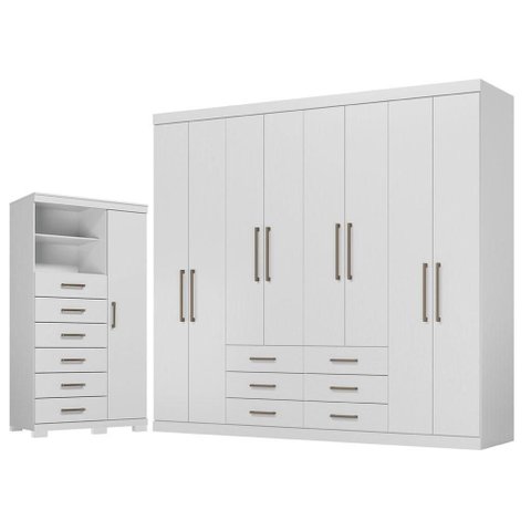 Guarda Roupa Casal 8 Portas 6 Gavetas Master e Cômoda Marabá com Pés Branco Brilho - Santos Andir