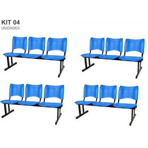Kit com 4 Cadeiras Longarina Plástica 03 Lugares Cor Azul Mastcmol