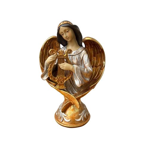 Escultura Anjo Harpa Dourado Resina 30cm