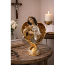Ver imagem 2 de Escultura Anjo Harpa Dourado Resina 30cm
