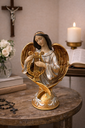 Ver imagem 2 de Escultura Anjo Harpa Dourado Resina 30cm
