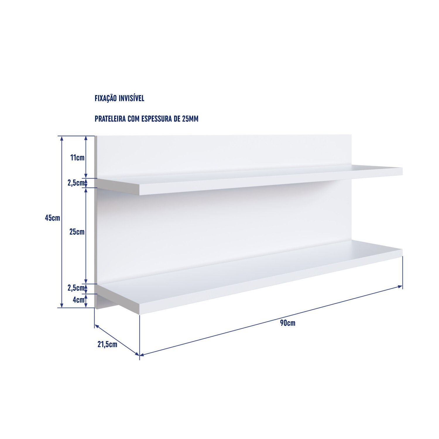 Prateleira Multiuso Dupla 90cm com Suporte Invisível Completa Móveis - 3