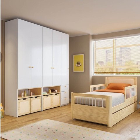 Conjunto com Bicama Solteiro, Prateleira e Guarda-Roupa Modulado LED Wave Casatema MadeiraOriginals Branco/Marrom