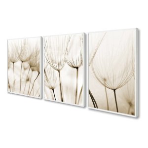 Kit 3 Quadros Decorativo Dente de Leão Bege Boho com Moldura