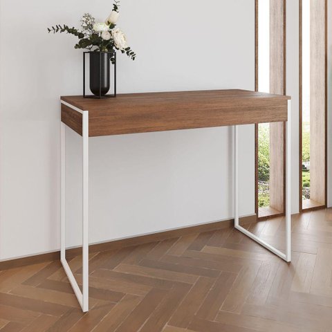 Aparador Industrial Retangular Califórnia Amêndoa 137x40cm Base Ferro Branco - Cor: Marrom