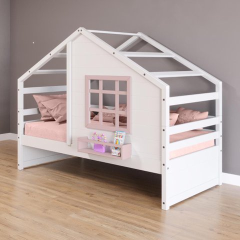 Cama Casinha com Janela Madeira Maciça Branco/ Rosa Housin