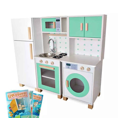 Kit Mini Cozinha Infantil com Geladeira e Máquina de Lavar - Verde Claro