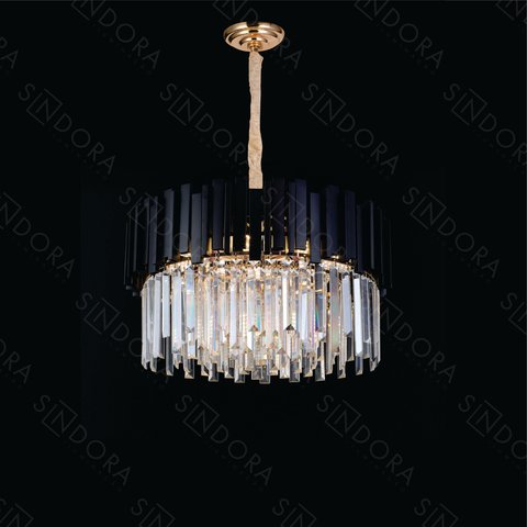 Pendente Redondo Ø52x33cm 9xe14 Metal Preto e Cristal Transparente