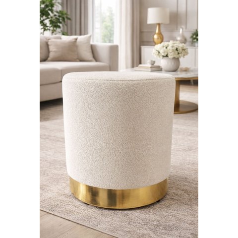 Puff com Rodape Dourado em Tecido Boucle / Palha