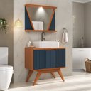 Ver imagem 1 de Conjunto para Banheiro Completo com Gabinete Madeira Maciça Cuba Sobrepor e Espelho com LED - Linha
