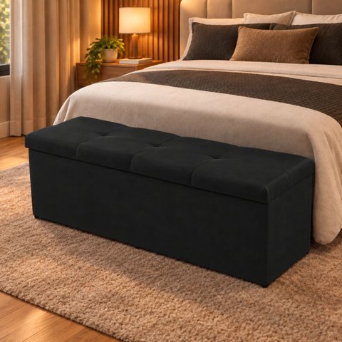 Calçadeira Recamier Baú 158cm para Cama Queen Toquío Vilajo:Suede Preto