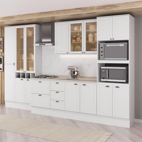 Cozinha Milla Eva Lux 15 Portas 5 Gavetas MDF 360cm Branca Móveis Carraro