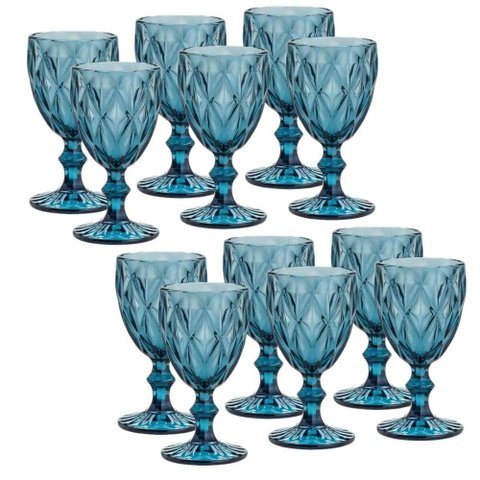 Conjunto 12 Taças de Vidro Azul Diamond 350ml Drinks Sucos Refrigerantes Águas Copo Cálice