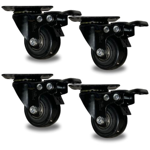 Kit com 4 Rodinhas Giratória Refoçada 50mm Black com Trava com Rolamento Anti Risco 280kg P/ Móveis