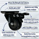 Ver imagem 2 de Kit com 4 Rodinhas Giratória Refoçada 50mm Black com Trava com Rolamento Anti Risco 280kg P/ Móveis