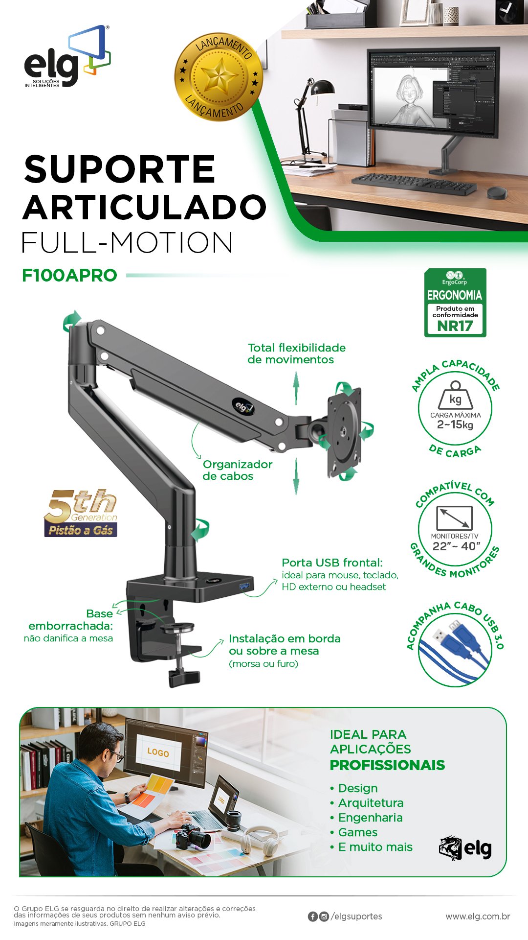 Suporte Monitor Articulado C/ Pistão a Gás 22 a 40' - Elg - 9