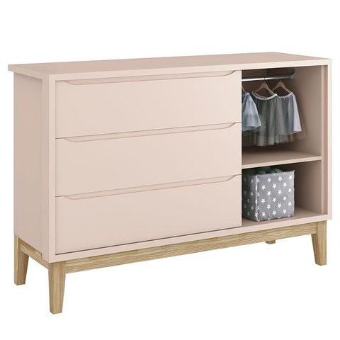 Cômoda Infantil New Classic com Porta Rosa com Pés Madeira Natural – Reller