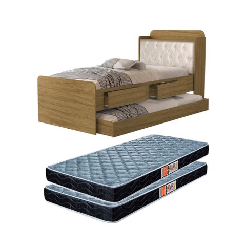 Cama Solteiro Tamires Captone com Auxiliar + 2 Colchões 188x88cm Nature/bege