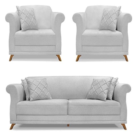 Kit 2 Poltronas E Sofá 2 Lugares 1,80m Cinza Pés Castanho