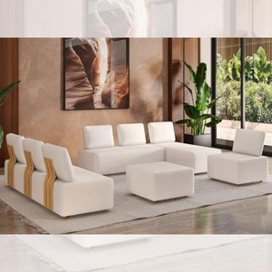 Conjunto Sofá 7 Lugares Moderno Versátil com Chaise, Puff e Encosto de Madeira Sebastian -