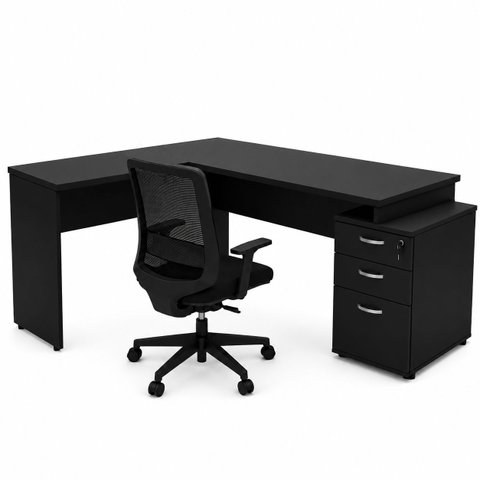 Conjunto Mesa Pedestal em L com Cadeira de Escritório Ergonômica