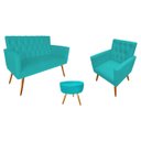 Ver imagem 1 de Kit Namoradeira + 1 Poltrona Decorativa Nina Capitonê + Puff Redondo Suede Azul Tifany Pés Madeira M