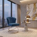 Ver imagem 1 de Poltrona Decorativa Estofada Base Aramado Aço Reforçada Industrial Champagne e Azul Marinho