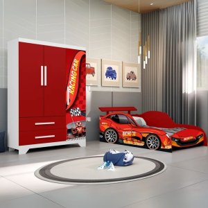 Conjunto Quarto Carro Infantil Cama e Guarda Roupas Meninos:vermelho