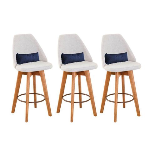 Kit 03 Banquetas Linho Bege e Almofada Suede Azul Marinho